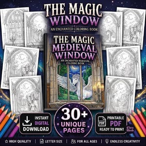 Puede incluir: Un libro de colorear digital titulado The Magic Medieval Window con una ilustración de portada de un caballo alado en un marco de ventana de piedra, rodeado de varias páginas de arte lineal en blanco y negro con magos y paisajes.