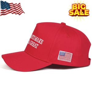 May include: A red baseball cap with the text "MAKE AMERICA GREAT" in white. The cap features an American flag patch on the side and is a classic six-panel design.