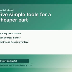Puede incluir: Gr&aacute;fico con un fondo degradado verde que muestra el texto "What is included" y "Five simple tools for a cheaper cart". Debajo, una lista incluye un rastreador de precios de comestibles, un planificador de comidas semanal y un inventario de despensa y congelador. Tambi&eacute;n es visible el texto "Grocery Savings Kit".