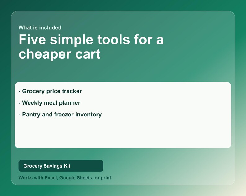 Puede incluir: Gr&aacute;fico con un fondo degradado verde que muestra el texto "What is included" y "Five simple tools for a cheaper cart". Debajo, una lista incluye un rastreador de precios de comestibles, un planificador de comidas semanal y un inventario de despensa y congelador. Tambi&eacute;n es visible el texto "Grocery Savings Kit".
