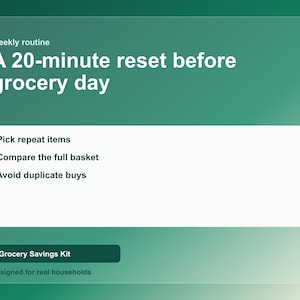 Puede incluir: Gr&aacute;fico digital con un fondo verde degradado. El texto dice: "Rutina semanal, Un reinicio de 20 minutos antes del d&iacute;a de la compra". Debajo, un cuadro blanco enumera: "Elegir art&iacute;culos repetidos, Comparar la cesta completa, Evitar compras duplicadas".