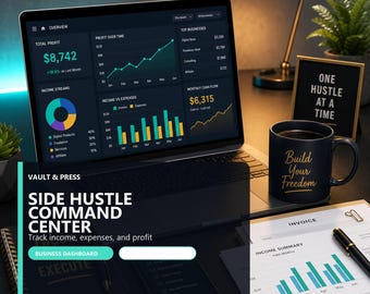 Side Hustle Command Center with a multi business financial dashboard and income expense profit tracker.