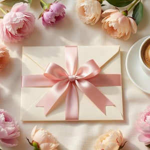 K&ouml;nnte beinhalten: Ein cremefarbener Umschlag, der mit einem hellrosa Satinband und einer Schleife gebunden ist. Der Umschlag ist von rosa und pfirsichfarbenen Pfingstrosen umgeben, mit einer Tasse Kaffee auf einer Untertasse im Hintergrund. Die Szene spielt auf einer wei&szlig;en Oberfl&auml;che.