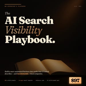 May include: A dark, stylized image featuring an open book with beige pages. The title "The AI Search Visibility Playbook" is prominently displayed in a bold, serif font. Additional text includes "Build a near-automated business..." and a price tag of $97.