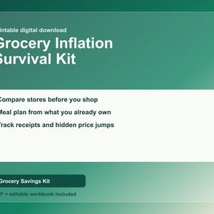Puede incluir: Una descarga digital titulada "Grocery Inflation Survival Kit" sobre un fondo degradado verde. El kit incluye consejos para comparar tiendas, planificar comidas y realizar un seguimiento de los recibos. Tambi&eacute;n est&aacute; presente el texto "Grocery Savings Kit".