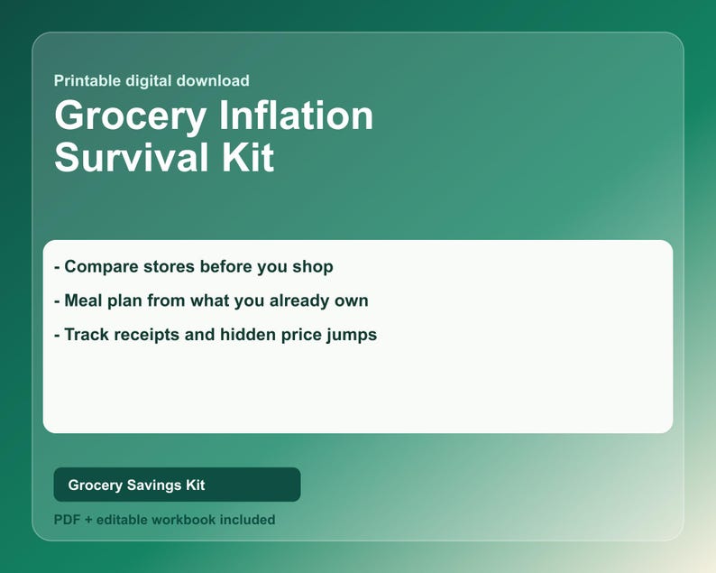 Puede incluir: Una descarga digital titulada "Grocery Inflation Survival Kit" sobre un fondo degradado verde. El kit incluye consejos para comparar tiendas, planificar comidas y realizar un seguimiento de los recibos. Tambi&eacute;n est&aacute; presente el texto "Grocery Savings Kit".