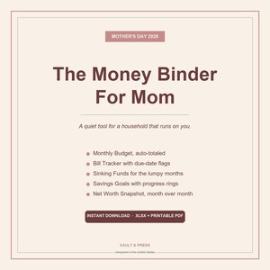 K&ouml;nnte beinhalten: Digitaler Download mit dem Titel "The Money Binder For Mom" in zartem Rosa und Wei&szlig;. Enth&auml;lt Monatsbudget, Rechnungsverfolgung, R&uuml;cklagen, Sparziele und Nettoverm&ouml;gens&uuml;bersicht. Mit dem Text "Mother's Day 2026".