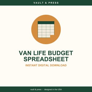 May include: A digital graphic with the text "VAN LIFE BUDGET SPREADSHEET" in dark green. The design includes a spreadsheet icon inside a tan circle, with the words "INSTANT DIGITAL DOWNLOAD" below. The top and bottom of the image have a dark green border.