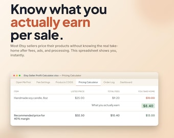 Etsy Verkäufer Tabelle mit Gebührenrechner, COGS und Profit Tracker, Preisgestaltungs-Tool für kleine Ladenbesitzer