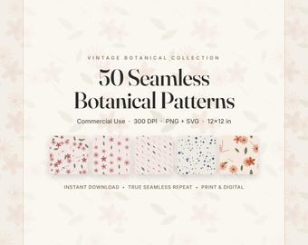 Nahtlose Vintage botanische Muster 50 SVG PNG Bundle Kommerzielle Nutzung Floral Digitaler Download