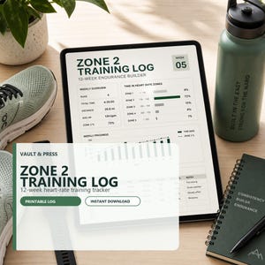 以下が含まれることがあります： タブレットには、トレーニングデータを含む「Zone 2 Training Log」が表示されています。緑色のウォーターボトル、ランニングシューズ、ペン付きのノートも表示されています。ログは12週間の持久力ビルダーです。