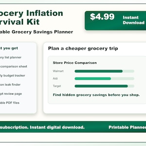 Puede incluir: Un kit digital de supervivencia a la inflaci&oacute;n de comestibles con un planificador de ahorro de comestibles imprimible. El kit incluye un planificador de lista de compras, una hoja de comparaci&oacute;n de precios, un rastreador de presupuesto semanal y m&aacute;s. El precio es de 4,99 &euro;. El texto dice "Sin suscripci&oacute;n. Descarga digital instant&aacute;nea."