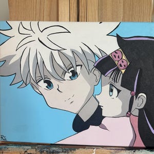 May include: A rectangular canvas painting featuring two anime characters against a light blue background. On the left, a character with spiky white hair and blue eyes. On the right, a character with long black hair, a pink garment, and a headband.