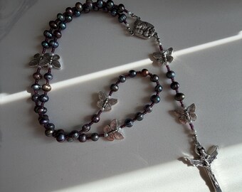 Fresh Water Pearl Rosary with Butterflies/ Silver accents