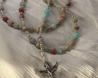 Blue & Red Stone Rosary, Aqua Terra Jasper Stone