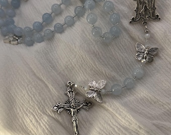 Blue Butterfly Rosary, Silver, praying