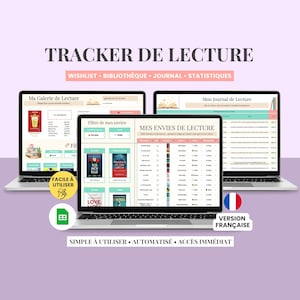 Peut inclure: Trois ordinateurs portables affichant un suivi de lecture numérique avec le texte TRACKER DE LECTURE, Ma Galerie de Lecture, Mon Journal de Lecture et MES ENVIES DE LECTURE. L'interface présente des couvertures de livres et des listes.