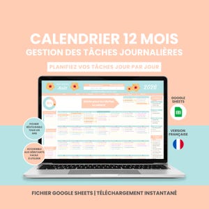 Peut inclure: Un écran d'ordinateur affichant un modèle de calendrier numérique sur 12 mois pour la gestion des tâches quotidiennes en 2026. L'interface présente une vue calendrier, des graphiques et des listes avec des motifs floraux. Texte : CALENDRIER 12 MOIS.