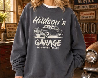 Hudson’s Garage Sweatshirt, Radiator Springs Crewneck, Vintage Mechanic Shirt, Classic Car Pullover, Auto Lover Gift