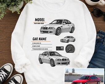 Custom Car Blueprint Sweatshirt, Personalized Car Photo Crewneck, Car Lover Gift, Custom Auto Spec Shirt