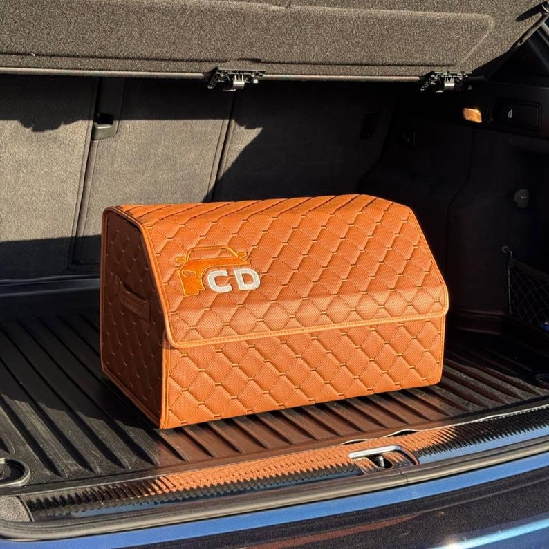 Brown Car Trunk Organizer with Lid, Luxury Auto Storage Box, Foldable Vehicle Cargo Organizer, Gift for Men, SUV Trunk Storage
