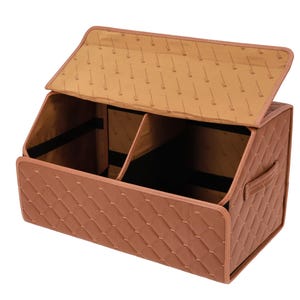 May include: A brown, quilted car trunk organizer with a divided interior and a hinged lid. The lid is partially open, revealing a patterned lining. The organizer has a handle on the side for easy carrying.