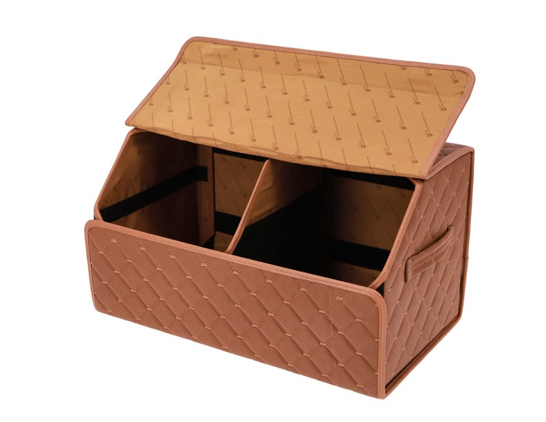 May include: A brown, quilted car trunk organizer with a divided interior and a hinged lid. The lid is partially open, revealing a patterned lining. The organizer has a handle on the side for easy carrying.