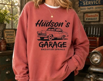 Hudson’s Garage Sweatshirt, Radiator Springs Crewneck, Vintage Car Garage Shirt, Mechanic Pullover, Auto Lover Gift