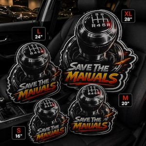 May include: Four shaped pillows featuring a black and silver manual car gear shifter graphic with the text "SAVE THE MANUALS" in yellow and orange. Sizes are labeled as S 16 inches, M 20 inches, L 24 inches, and XL 28 inches in height.