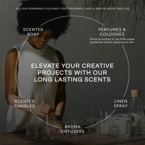 Puede incluir: Una superposici&oacute;n gr&aacute;fica en una foto con el texto: ALL OUR FRAGRANCE OILS MEET IFRA STANDARDS, WHICH VARY BY SCENT AND USE. ELEVATE YOUR CREATIVE PROJECTS WITH OUR LONG LASTING SCENTS. Las etiquetas incluyen SCENTED SOAP, PERFUMES & COLOGNES, SCENTED CANDLES, AROMA DIFFUSERS y LINEN SPRAY.