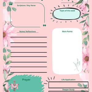 Puede incluir: Una plantilla de notas de sermón rosa y verde con detalles florales. El diseño incluye secciones para las Escrituras, notas, puntos principales y oración. El título "Sermon Notes" está escrito en una fuente verde decorativa.