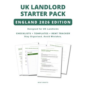 May include: A white document titled "UK Landlord Starter Pack England 2026 Edition" with checklists, templates, and a rent tracker. The document is designed for UK landlords and includes the text "Stay Organized. Avoid Mistakes."