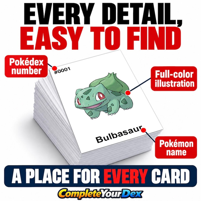 May include: A stack of white cards featuring a green Bulbasaur illustration, the text #0001, and the name Bulbasaur. The image includes labels pointing to these features with the text EVERY DETAIL, EASY TO FIND, A PLACE FOR EVERY CARD, and CompleteYourDex.