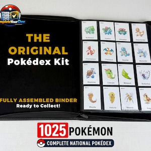 May include: A black zippered binder containing trading cards with illustrations of Pokémon characters. The left side features the text THE ORIGINAL Pokédex Kit and FULLY ASSEMBLED BINDER Ready to Collect. The bottom displays 1025 POKÉMON.
