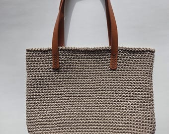 Handmade Beige Crochet Tote Bag, Minimalist Woven Handbag, Natural Fiber Tote