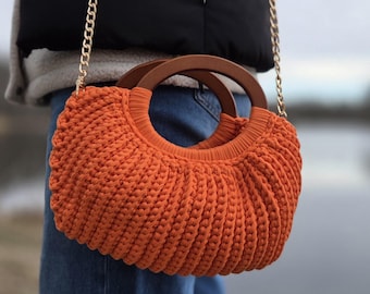 Sac à main orange en tricot, sac à main avec anse en bois, fait main aux États-Unis