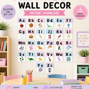 May include: Alphabet wall decor digital download featuring 26 cards with uppercase and lowercase letters paired with colorful illustrations for each letter from A to Z. The cards are sized at 8.5 inches by 11 inches and display items like an apple, basketball, cat, dinosaur, egg, and fan.