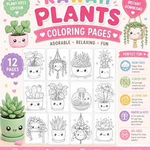 Kawaii Plants Coloring Pages | 12 Adorable Houseplant Sheets (Digital Download)