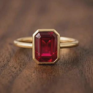 May include: A gold ring featuring a large, rectangular, emerald-cut deep red gemstone set in a smooth bezel setting. The band is a simple, polished gold metal, providing a clean and classic look that highlights the vibrant color of the center stone.