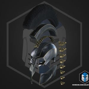 May include: An exploded view of a dark gray and gold helmet with a black crest. The helmet features a T-shaped visor, a curved crest mount, a decorative gold chain link, and several small gold fasteners. The text "GALACTIC ARMORY" is visible.