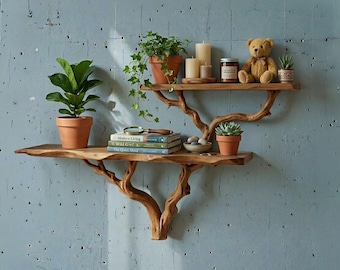 Custom tree branch floating bookshelf unique wall shelf handmade solid wood bookcase for living room