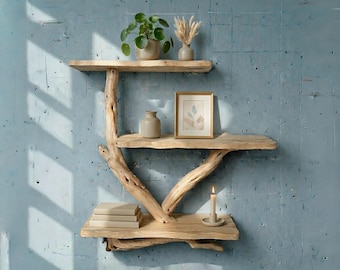 Rustic floating bookshelf tree branch wall shelf montessori bookshelf living room decor