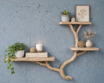 Driftwood tree branch wall shelf live edge solid wood bookshelf rustic home decor