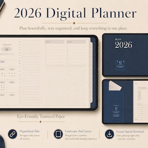 Puede incluir: Un planificador digital para 2026, mostrado en una tableta, con una cubierta azul marino y páginas interiores. El planificador incluye secciones para la planificación diaria, semanal y mensual. El texto "2026 Digital Planner" está en la parte superior. Planificación fluida.