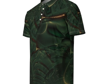 Limited Edition "Bio-Emerald" Slim Fit Polo - Signature Robert Drake Art - Cyberpunk Streetwear - Algorithmic All-Over Print Designer Shirt
