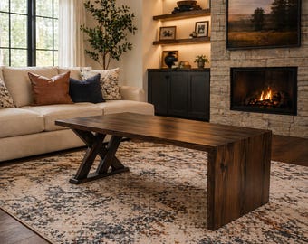 Custom Waterfall Table-Solid Pine, Walnut Finish-Handmade Farmhouse Livingroom Table-Modern X Leg design