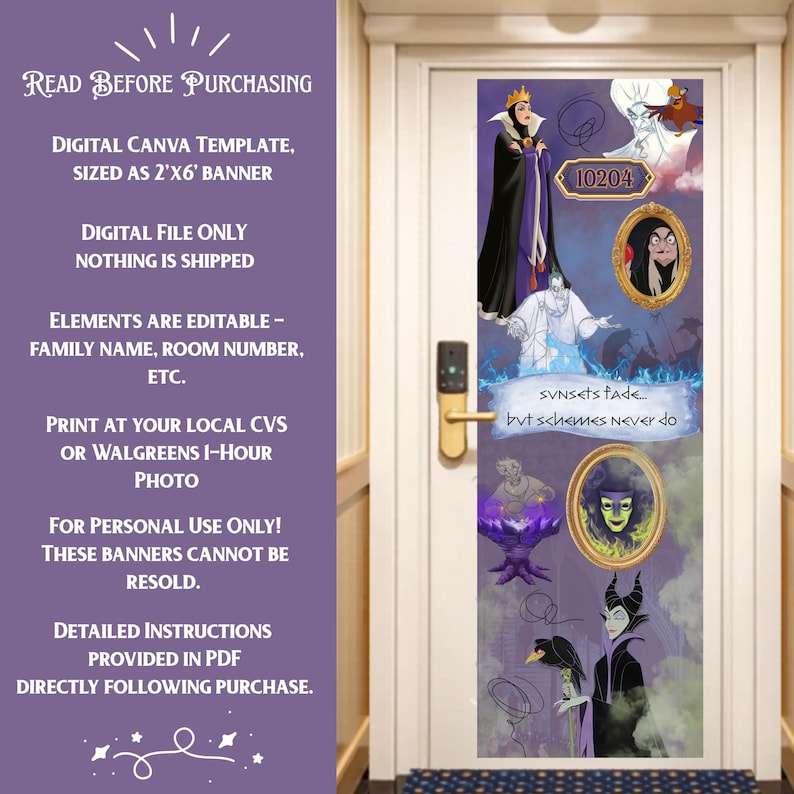 May include: A door banner featuring Disney villains, including the Evil Queen, Maleficent, and Ursula. The banner is a digital Canva template, sized as a 2'x6' banner. Text includes "Read Before Purchasing" and "Sunsets fade... but schemes never do."