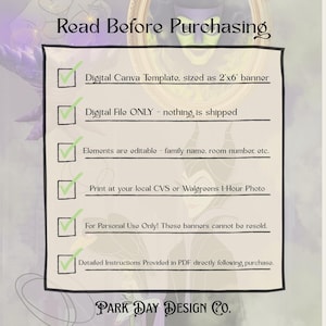 May include: A digital Canva template banner, sized as 2'x6', with a black border and text that reads "Read Before Purchasing." The text includes details about the digital file, editing, printing, and personal use. The Park Day Design Co. logo is at the bottom.