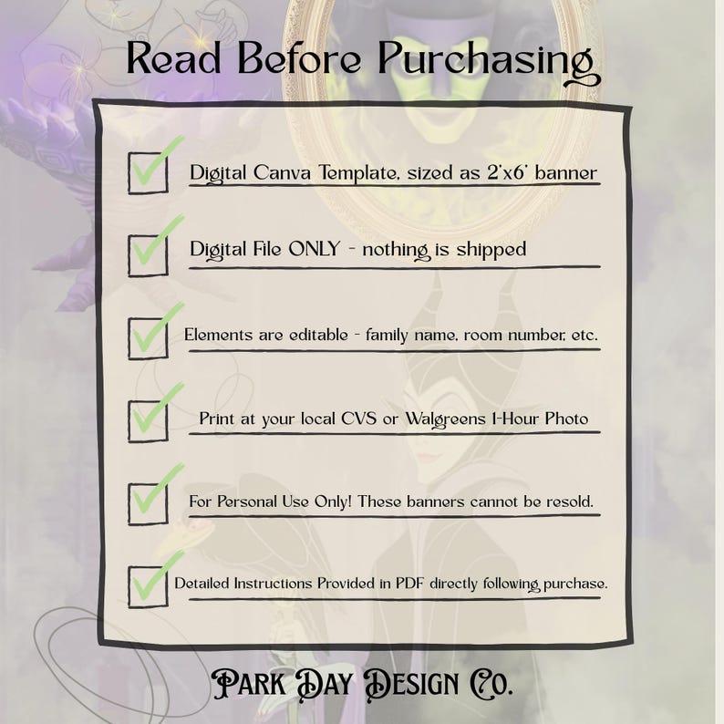 May include: A digital Canva template banner, sized as 2'x6', with a black border and text that reads "Read Before Purchasing." The text includes details about the digital file, editing, printing, and personal use. The Park Day Design Co. logo is at the bottom.