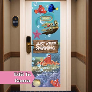 Hitta Nemo Disney Cruise dörrbanner, redigerbar Canvas-mall, Just Keep Swimming kryssningsdekor, utskrivbar 2x6-skylt
